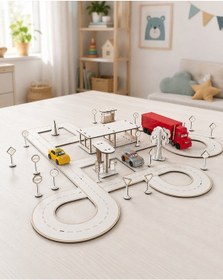 Resim Ahşap Trafik Ve Yol Seti Oyuncak Montessori Eğitici Araba Yolu, Trafik İşaretleri Ve Benzin İstasyonu Oyun Seti 