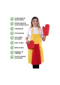 Resim Star Ayar Askılı Havlulu 4lü Mutfak Önlüğü Seti Eldiven Tutacak Sarı-kırmızı-kırmızı 