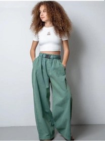Resim Zekids Kız Çocuk Kemerli Geniş Paça Gabardin Pantolon-15802 Yeşil 