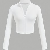 Resim Kadınlar İçin Basit Fermuarlı Dik Yaka Kısa Kollu Tişört 