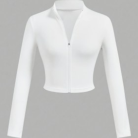 Resim Kadınlar İçin Basit Fermuarlı Dik Yaka Kısa Kollu Tişört 