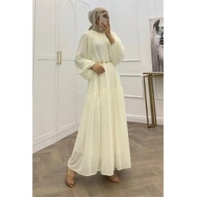 Resim Neşeli Butik Kadın Beyaz Balon Kol Astarlı Kuşak Detaylı Şifon Tesettür Elbise ---- NMS095 