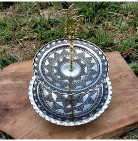 Resim İşlemeli İki Katlı Bakır Çerezlik 