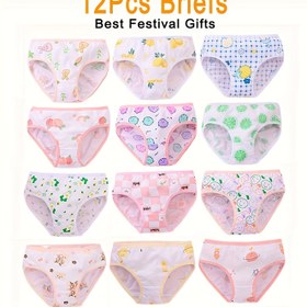 Resim 12 Parça Kız Çocuk Spor Üçgen Külot, Yumuşak Nefes Alabilen Rahat Çocuk İç Çamaşırları, Sevimli Desenli Çocuk İç Giyim 