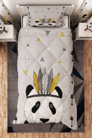 Resim BelezaHome Gri Panda Desenli Tek Kişilik Çocuk Yorganı Uyku Seti 