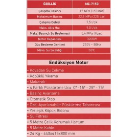 Resim Mercure MC-7150 Yüksek Basınçlı Oto Yıkama Makinesi Pro 3200 W. 225 Bar Endüksiyon Motorlu 