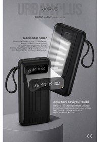 Resim Jopus 20000mah Powerbank Dahili Kablolu, Lcd Ekranlı, Led Lambalı, Taşınabilir Şarj Cihazı Siyah 
