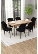 Resim Arel Meşe 80x132 Açılabilir Mdf Masa Yemek Odası Takımı, Mutfak Takımı 6 Adet Sandalye Meşe Masa - 6 Siyah - Meşe Ayak 