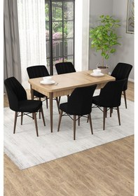 Resim Arel Meşe 80x132 Açılabilir Mdf Masa Yemek Odası Takımı, Mutfak Takımı 6 Adet Sandalye Meşe Masa - 6 Siyah - Meşe Ayak 