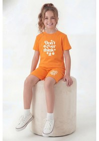 Resim Fyk Kids Yuvarlak Yaka Tişörtlü Renkli Kaprili Baskı Detaylı Kız Çocuk Alt Üst Takım Turuncu 