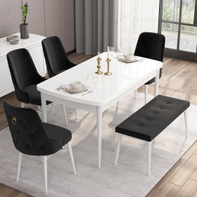 Resim Canisa Concept Are Serisi, 80X132 Açılabilir Benchli Mdf Beyaz Mutfak Masa Takımı, 4 Sandalye 1 Bench 
