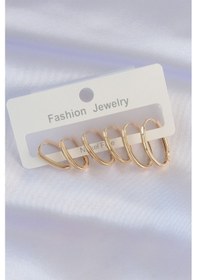 Resim Pirinç Gold Renk İnce Oval Küpe Seti Altın 