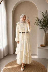 Resim Neşeli Butik kadın bej fırfır detaylı üst kat kat volanlı etek ikili tesettür takım ---NBVQ3159 