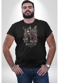 Resim Gitar Kafatası Güller Doğa Uyumu Unisex Unisex Siyah Organik Baskılı T-shirt Penye Yüksek Kalite Siyah 