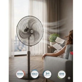 Resim Aura New 75W Çelik Kanatlı Ayaklı Vantilatör 3 Kademeli Sessiz Çalışma ve Güçlü Üfleme 
