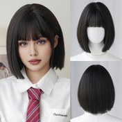 Resim 7JHH PERUKLAR Kadınlar için Isıya Dayanıklı Sentetik Kısa Düz Siyah Bob Peruk ile Saçaklar - Yüksek Dansiteli Kabartmalı 31.98cm Uzunlukta Doğal Sarışın Vurgular ve Katmanlı Sonlar, Günlük Kullanım Ofis Partileri İçin Rahat Rose Net Kap, Çeşitli Açık Bej Tonları İle (Sarışın/Koyu Renk Şampuan Kullanıcılarına Ideal) uygundur Kolay Bakım & Isıl Stil, Hiçbir bakım gerektirmez, Çeşitli Durumlar ve Etkinlikler İçin 