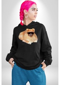 Resim Pomernian Köpek Kadın Erkek Siyah Kapüşonlu Sweatshirt Hoodie Siyah 