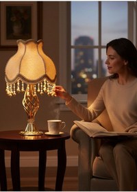 Resim Gold İpek Kadife Kaplı İnci Şerit Süsleme Gece Lambası Abajur Vintage Model 55x30cm Ab0004p Gold 