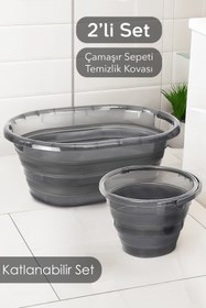 Resim Meleni Home 2'li Set Katlanabilir Çamaşır Sepeti Katlanabilir Akordiyon Su Kovası Temizlik Seti - Platin Serisi 