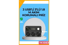Resim İn3dex 4'lü Akıllı Priz 3 USB Çıkışlı 2500W 2m Kablo 