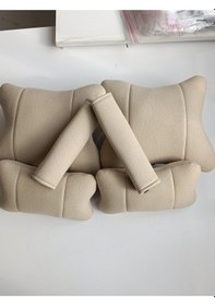Resim Krem Rengi Tay Tüyü Kumaştan Oto Boyun Yastığı+bel Yastığı+emniyet Kemer Pedi Takimi Krem 