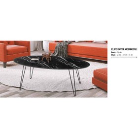 Resim Orta Sehpa OSM ELİPS Model Sehpa Metal Transmisyon V ayak Siyah Mermer El Yapım 