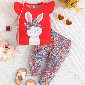 Resim Bebek kızları için dış mekanlarda giyilebilecek, tavşan desenli tişört ve dalgalı kollu, tam desenli pantolonlu yazlık rahat kolsuz kıyafet 