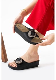 Resim Albishoes Sahra Kadın Tokalı Yumuşak Hafif Rahat Taban Günlük Dışarı Ev Terlik Anatomik Kadın Terlik Siyah 