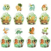 Resim 16 Adet Dinozor Cupcake Süsleri ve Ambalaj Seti - Çocuk Doğum Günü Partisi İçin Kağıt Kek Süslemeleri, Dinozor Temalı Cupcake Süsleme Malzemeleri, Tarih Öncesi T-Rex Parti Aksesuarları, Tüysüz, Elektriksiz 