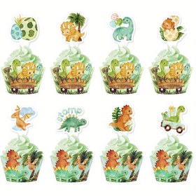 Resim 16 Adet Dinozor Cupcake Süsleri ve Ambalaj Seti - Çocuk Doğum Günü Partisi İçin Kağıt Kek Süslemeleri, Dinozor Temalı Cupcake Süsleme Malzemeleri, Tarih Öncesi T-Rex Parti Aksesuarları, Tüysüz, Elektriksiz 