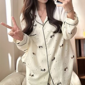 Resim Elastik Bel, Sevimli Çizgi Film Baskılı Kadın Siyah Uzun Kollu Pijama Takımı, Düğmeli Hırka Stili, Bol Kesim, Hafif Rayon Kumaş, İlkbahar ve Sonbahar İçin Mükemmel, Rahat Ev Giysileri, Rahat Loungewear | Eğlenceli Desenli Üst | Düğmeli Hırka 