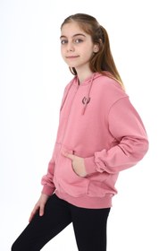 Resim Toontoy Kız Çocuk Kapüşonlu Fermuarlı Cepli Düşük Omuz Nakış Baskılı Örme Hırka - 2 İplik 