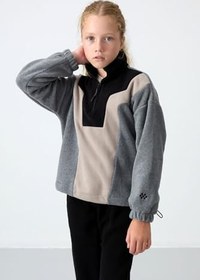 Resim TOMMY LIFE TOMMYLIFE Koyu Bej Kalın Yumuşak Dokulu Oversize Nakışlı Polar Kız Çocuk Sweatshirt, T16KG-75153 