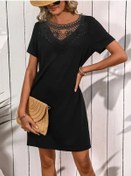 Resim Kadın Kısa Kollu Dantel Yakalı Kısa Viskon Elbise Siyah 