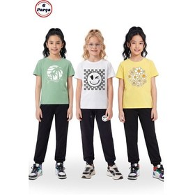 Resim Fyk Kids 3 Lü Yuvarlak Yaka Tişörtlü Baskı Detaylı Kız Çocuk 6 Parça Alt Üst Takım Mint Yeşili - Beyaz - Sarı 