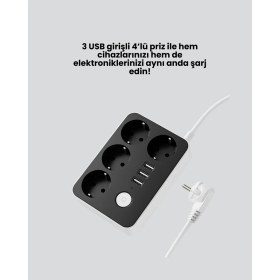Resim Die Grup 3 USB Çıkışlı 4’lü Akıllı Priz 2500W 2 Metre Kablo 