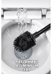 Resim Silikon Klozet Ve Wc Fırçası - Paslanmaz Alüminyum Sap - Vidasız Duvar Askılı Güçlü Yapışkan Siyah 