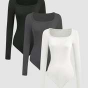 Resim 3'lü Kare Yaka Bodycon Tulum Seti, Kadınlar için Günlük Spor Uzun Kollu Tek Parça Tulum 