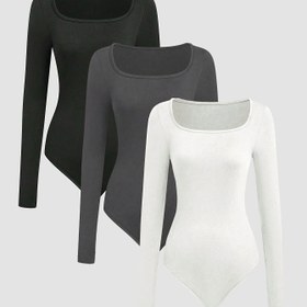 Resim 3'lü Kare Yaka Bodycon Tulum Seti, Kadınlar için Günlük Spor Uzun Kollu Tek Parça Tulum 