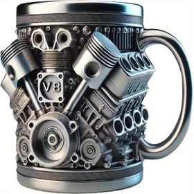 Resim Paslanmaz Çelik Kupa - V8 Motor Tasarımı, El Yapımı Dayanıklı ve Şık, Araba Tutkunları İçin Mükemmel 