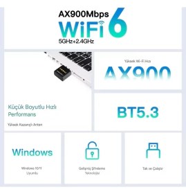 Resim FENVİ Wifi-6 AX900 Wifi+Bluetooth 2'si 1'Arada 5.3 Adaptörü CE Sertifikalı Yüksek Çekim Düşük Gecikme Süper Hızlı Çift Bant 900Mbps/5Ghz/2.4Ghz 