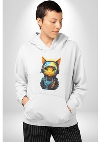 Resim Bandana Kedi Kulaklık Çeket Kadın Erkek Beyaz Kapüşonlu Sweatshirt Hoodie Beyaz 