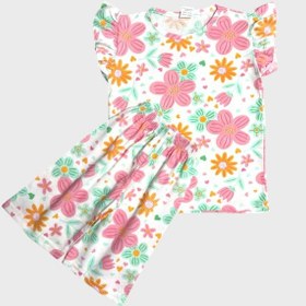 Resim Aliş Kids Kız Çocuk Pamuklu Beyaz Pembe Çiçek Desenli Kolları Fırfırlı Kısa Kollu Şortlu Yazlık Pijama Takımı Pembe Beyaz 