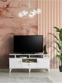 Resim 110 CM MDF MEBRAN KAPAK RAFLI TV SEHPASI BEYAZ 