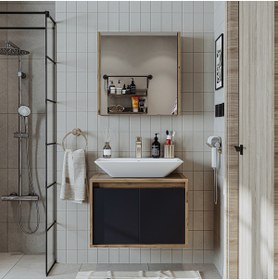 Resim ROOMART Tm7.2 Lavabolu Ahşap-antrasit Mdf 65 Cm Banyo Dolabı + Aynalı Banyo Üst Dolabı 