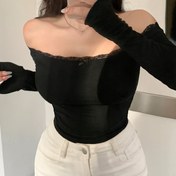 Resim Omuzdan Düşük Uzun Kollu Kadın Tişörtü, Kontrast Dantel Detayı, Polyester & Spandex Blend, Y2K Stili Knit Düz Renk Üst için Tüm Mevsimler 