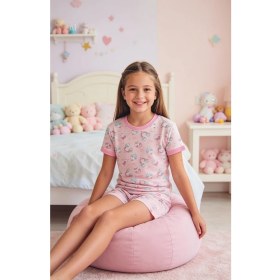 Resim NiCe İç Giyim Cupcake Donut Çok Şeker Pembe Renk Kısa Kol T-Shirt Şort Bisiklet Yaka Kız Çocuk Pijama Takım Pamuk Penye 