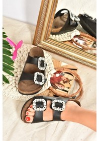 Resim Fox Shoes Siyah Çift Tokalı Taşlı Kadın Terlik K777604809 