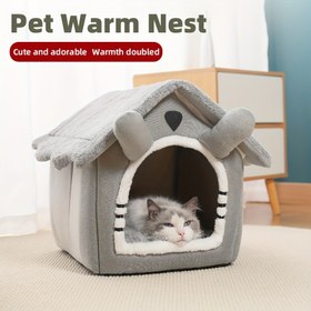 Resim Dört Mevsim Kedi Yatağı. Rahat ve Yumuşak Peluş Kumaş, Sevimli Ev Tasarımı ile Kalınlaştırılmış Sıcaklık. Kediler için Yıkanabilir Pet Yuvası, Kış Konforu İçin Uyku Yapmak. 