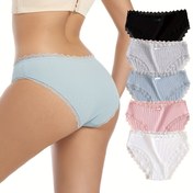 Resim 5 adet Zarif Dantel Kenarlı Kadın Tanga - Bej, Açık Mavi, Pembe, Beyaz ve Siyah Renklerde Rahat Dikişsiz Nefes Alabilen Orta Yükselişli İç Çamaşırı, Dantel Kenarlı İç Çamaşırı 